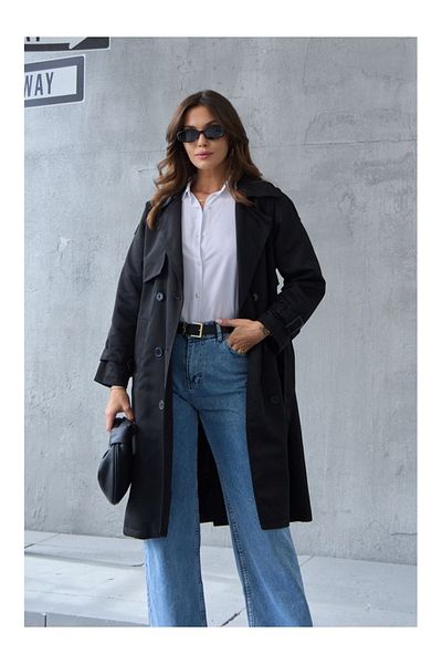 Elif Özbey Butik Double Breasted Cut Black Trench Coat - Belt Detailed