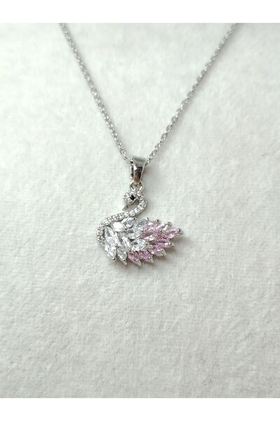 stainless steell قلادة بجعة - تفاصيل الحجر الوردي