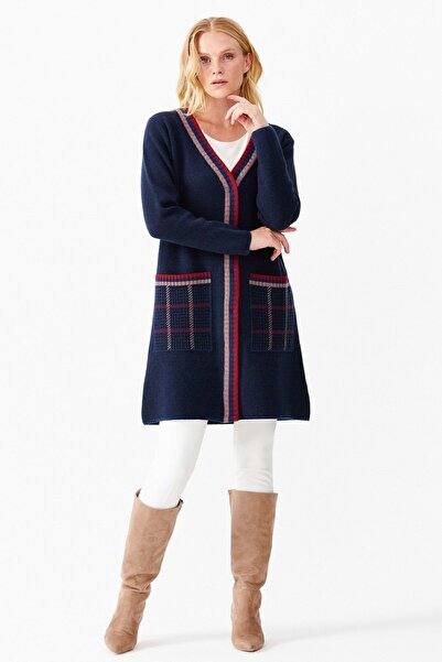 Desen Triko Women's V-Neck Pocket Checkered Houndstooth Patterned Long Cardigan Indigo