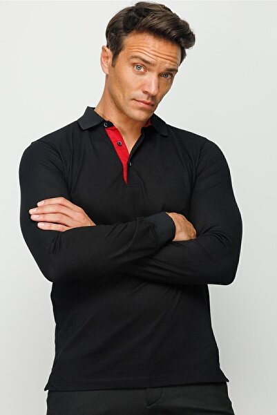 Desen Triko Ανδρικό μακρυμάνικο φούτερ με γιακά πόλο μαύρο