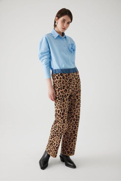 Exquise Yuksek Bel Leoper Desenli Beli Lastikli Denim Garnili Regular Triko Pantolon