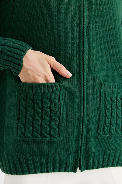 Desen Triko Women's Woolen Jacket with Hair Knit Detail and Stand Collar