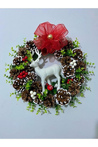 Beykan Kapı Süsü Kozalak /gıcı Geyikli Dekorasyon Yeni Yıl Simli Geyik Kokina