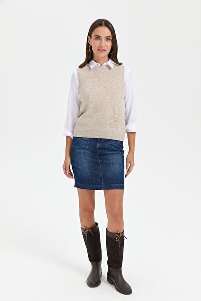 Desen Triko Kadın Sıfır Yaka Dikişsiz Cepli Yün Süveter V.Bej