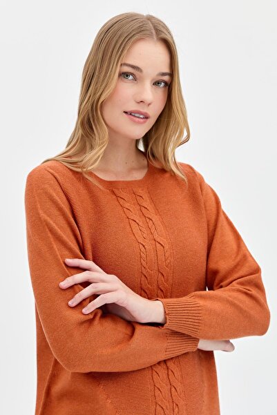 Desen Triko Orange Women's Sweater - Null Collar and Front Hair Braided