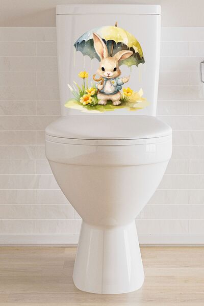 Echo Home Cute Rabbit with Umbrella in the Rain Themed Toilet Seat Sticker Bathroom Sticker