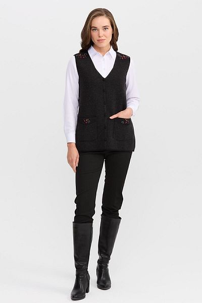 Desen Triko Women's V-Neck Shoulder Pocket Cover Felt Embroidered Button Vest 02422114 Black