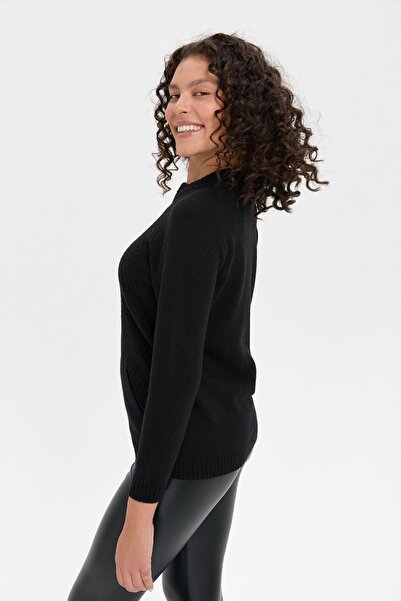 Desen Triko Black Wool Cardigan - Stand Collar, Seamless and Zip-up