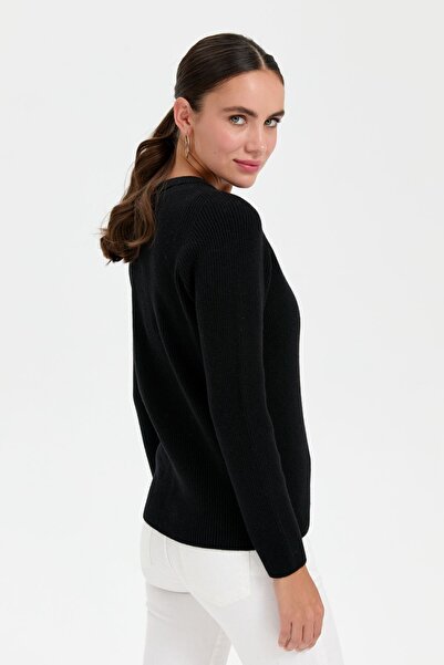Desen Triko Women's Black Wool Cardigan - Zero Collar, Seamless and Zip-up