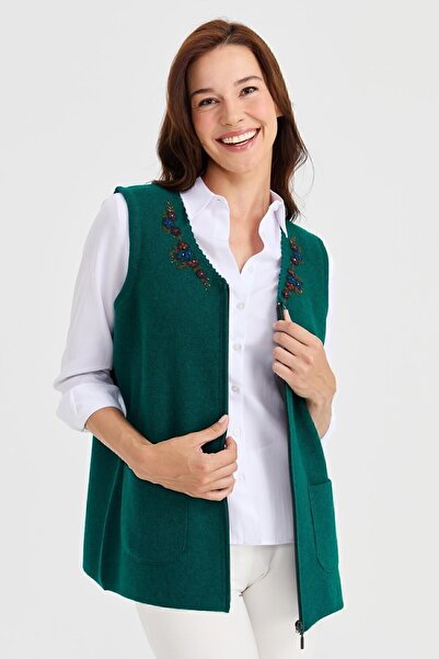 Desen Triko Жіночий жилет з V-подібним коміром, оздоблений мереживом, з вовняної тканини, без рукавів
