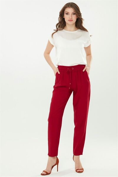 Desen Triko Women's Carrot Leg Linen Trousers Red