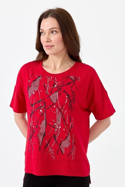 Desen Triko Tricou de damă, cu gât crepus, din bumbac pieptănat, cu imprimeu în față, roșu