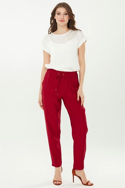Desen Triko Women's Carrot Leg Linen Trousers Red
