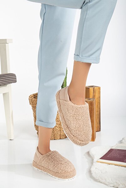 Slipcat Kuzu Kumaş Yünlü Sessiz Taban Lastikli Kadın Ev Ayakkabısı Ev Botu Panduf