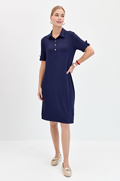 Desen Triko Women's Shirt Collar Combed Cotton Dress Dark Blue