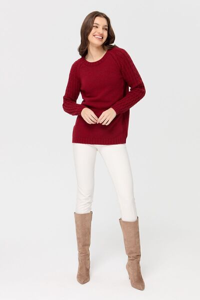 Desen Triko Women's Crew Neck Sleeve Hair Knitted Wool Sweater V.Red