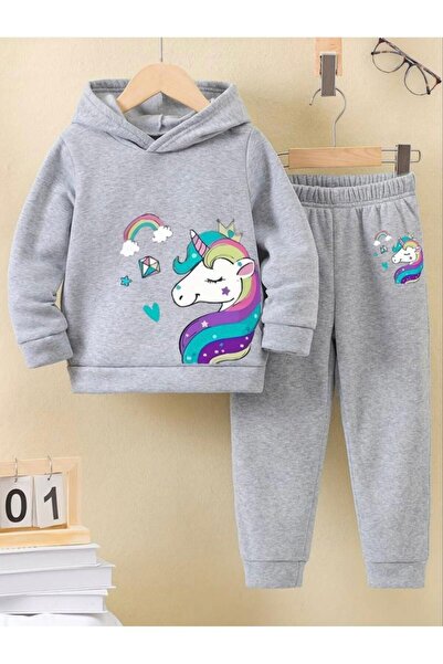 Renna Mood Set de trening pentru fete, cu glugă, cu imprimeu cu unicorn curcubeu