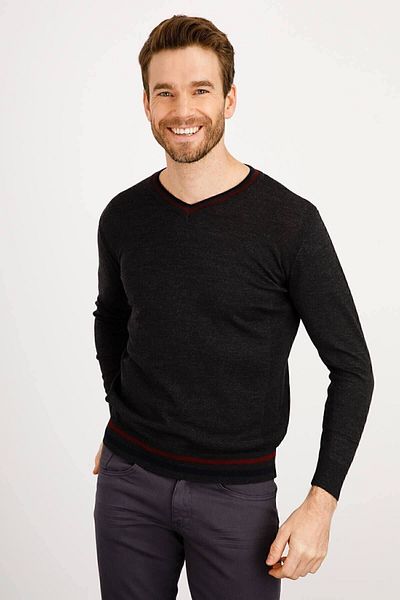 Desen Triko Men's Collar Edge Striped V-Neck Sweater Smoked