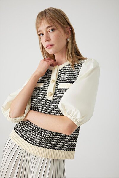 Exquise Regular Knitwear Blouse with Poplin Sleeve and Pocket Detail