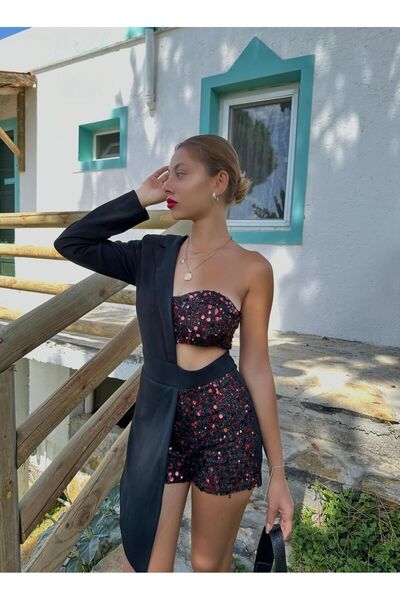 FİOXCO Rochie jachetă cu o singură mânecă cu paiete Emma Burgundy