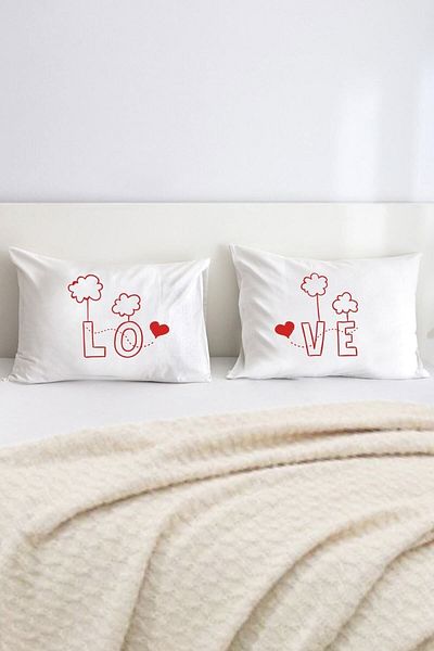 Hediyenza Love / Love Printed Double Decorative Pillow Case 50x70 Cm - White