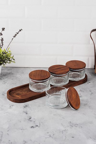 LUX ET AMOR Vella 5 Piece Tray Wooden Vacuumed Glass Breakfast Multi-Purpose Glass Snack Bowl with Lid 235 ml