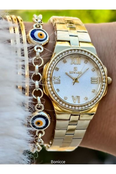 Reward Women's Roman Numeral Wristwatch and Bracelet Set with Yellow Steel Cord - Special Lock System