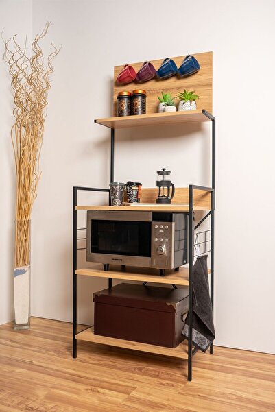 Home Metal Ahşap Çok Amaçlı Fırın Rafı Dekoratif Kahve Rafı Çok Amaçlı Mikrod...