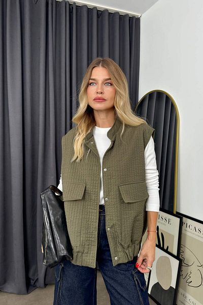 Sue Store Quilted Lined Olive Vest - with Pockets