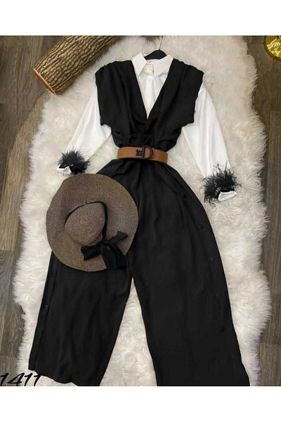 Zümrüt Summer Belted Set - Feather Shirt and Jumpsuit 1411