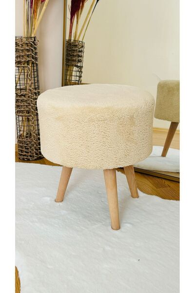 Bounteous Yuvarlak Kesim Ahşap Ayaklı Teddy Kumaş Dekoratif Puf Bench