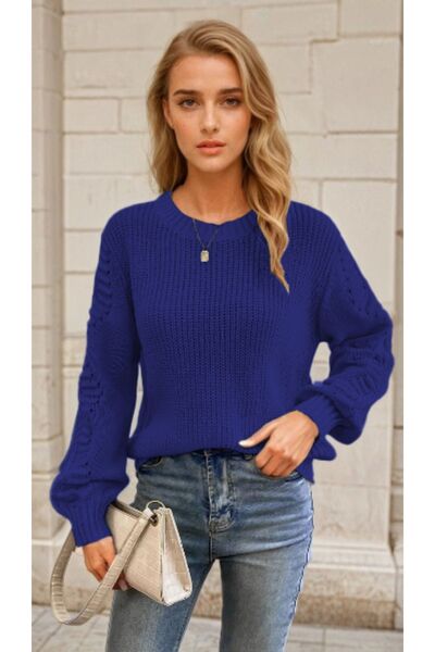 hanope Women's Balloon Sleeve Patterned Knitwear Knitted Saks Sweater