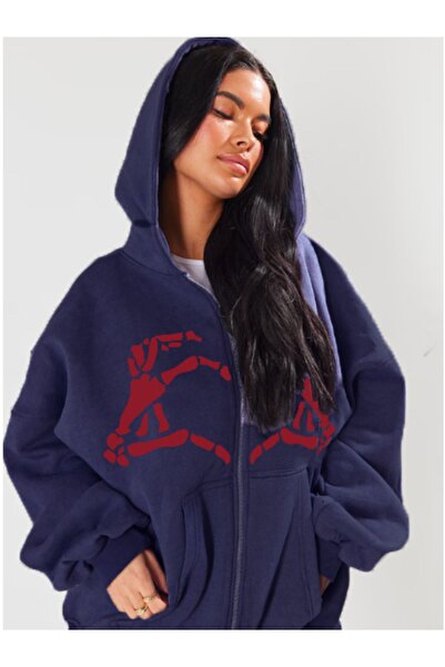 Boi Y2k Iskelet El Sweatshirt Fermuarlı Hırka - Siyah Lacivert Kadın Baskılı Oversize Kışlık Kapüşonlu
