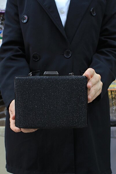 ROZA CANTA Kadın Siyah Simli Abiye , Clutch Gece Çantası