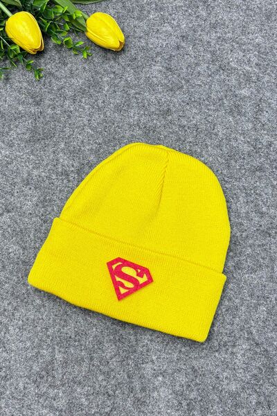 MYADA Žuta pletena dječja beretka sa Superman dodacima