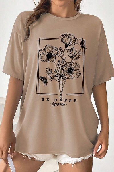 uyguntarz Übergroßes Unisex-T-Shirt mit „Be Happy“-Aufdruck