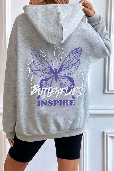 uyguntarz Unisex φούτερ με στάμπα με πεταλούδα και γράμματα