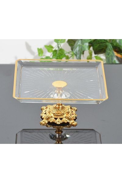 atabey home Cast Iron Footed Square Serving Plate with Gilt Detail Gold