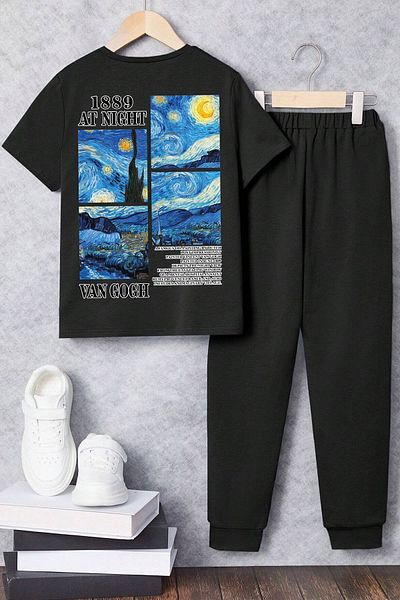 uyguntarz Kinder-Trainingsanzugset mit Aufdruck von Unterteil und Oberteil mit Van Gogh-Bild