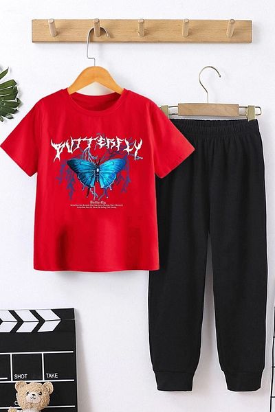 uyguntarz Sunny Kids Blue Butterfly Bottom - Top Tracksuit Set