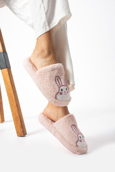 ALMİNA Rabbit Embroidered Plush Fluffy Women's Home Slippers - Silent Sole Dowry Slippers