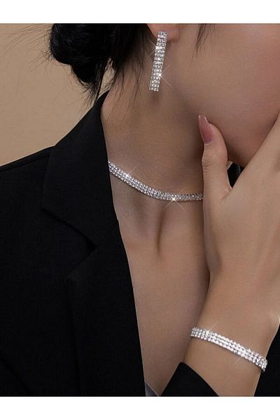 muptejewelry Zircon 3 Row Evening Dress Wedding Dress Set
