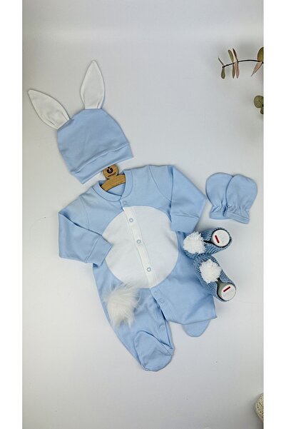 BEBERAZZİ Blue Booties Rabbit Themed Triple Jumpsuit Baby Boy Hospital Releas...