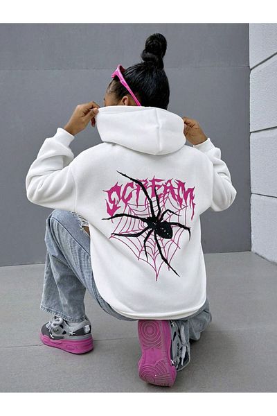 LA GULER Scream Spider Printed Unisex Χειμερινή κουκούλα με κουκούλα - Φούτερ με 3 νήματα βαμβακερή σαρδόνη
