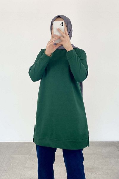 lamelif Emerald Tunic - Crew Neck and Crest Detail