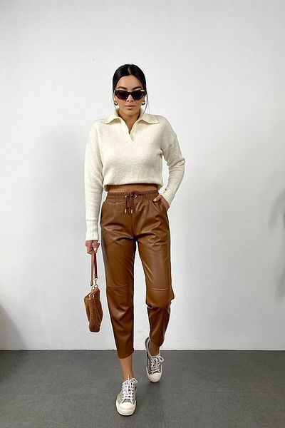 LOS FECHKA Tan Colored Lace-Up Waist Leather Trousers
