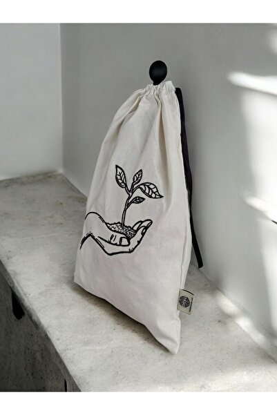 Hanles Doğana Sahip Çık Kırık Beyaz Tasarım Nakışlı Poşet Saklama Kesesi Poşetlik Çok Amaçlı Kese