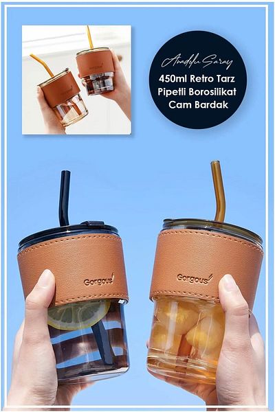 Keyfi Sepet 450ml Heat Resistant Borosilicate Glass with Straw and Leather Stripe Detail |   Coffee Presentation Cup - 1 Piece