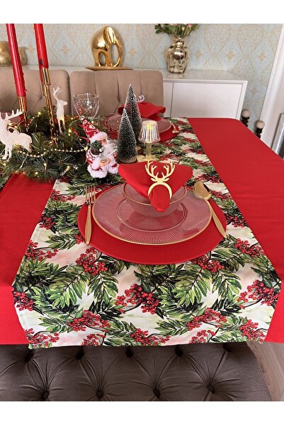 Genel Markalar Yılbaşı Kokina Çiçeği Desen Runner Kırmızı Yeşil Noel Yeniyıl Sofrası Christmas Ranır Örtü Newyear