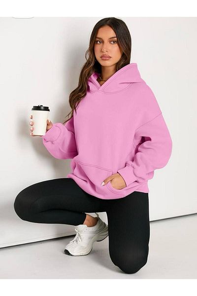 Mer's Unisex Pink Oversize Hooded Sweatshirt - 3 Thread Raster Loose Loose Cut